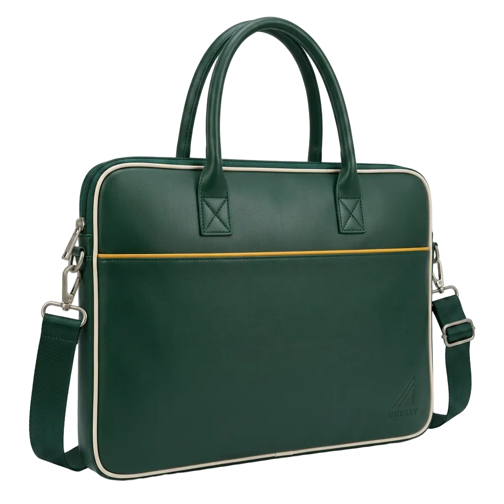 Wherry laptop bag in Bottle Green, at a three-quarter angle with the shoulder strap