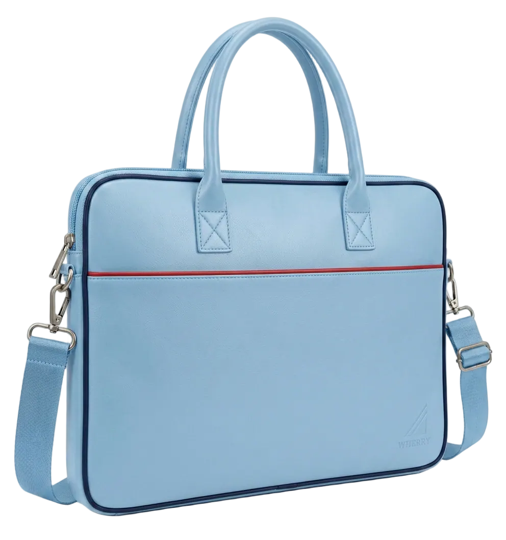 Wherry laptop bag in Ice Blue, at a three-quarter angle with the shoulder strap
