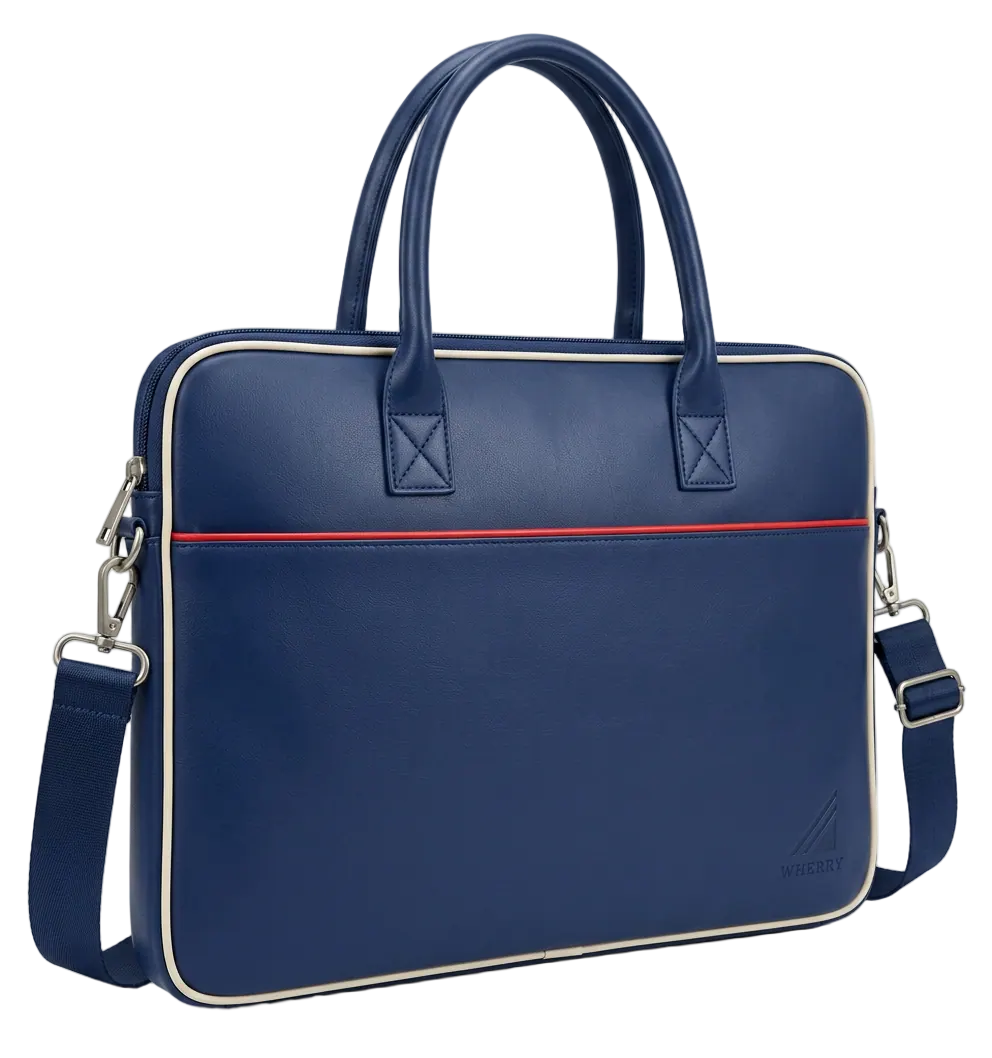 Wherry laptop bag in Navy, at a three-quarter angle with the shoulder strap