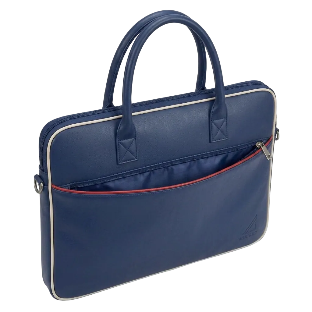 Wherry laptop bag in Navy, with the front zip pocket open